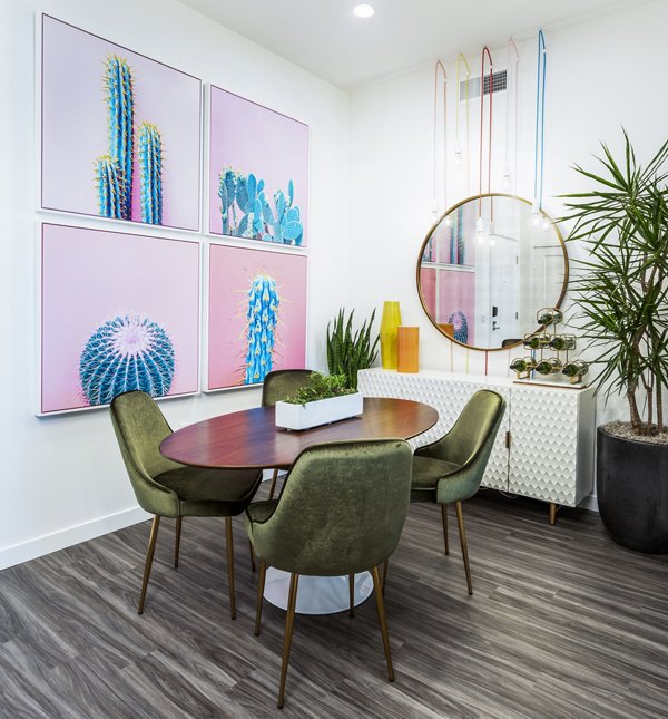 Refined dining room with modern decor at Rivue Apartments
