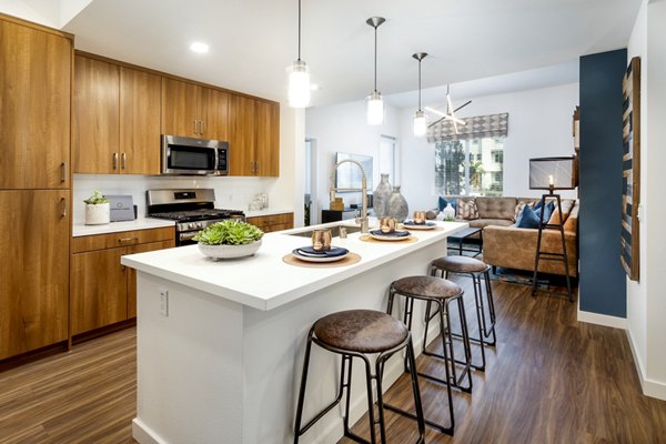 Modern kitchen with stainless steel appliances at Rivue Apartments