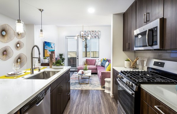 Modern kitchen with stainless steel appliances at Rivue Apartments
