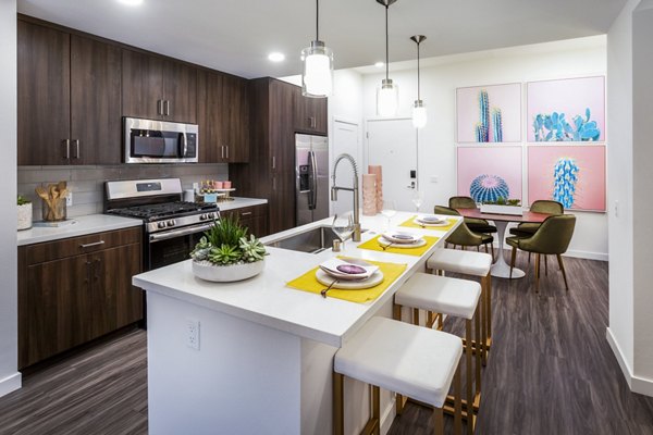 Modern kitchen with stainless steel appliances and granite countertops at Rivue Apartments