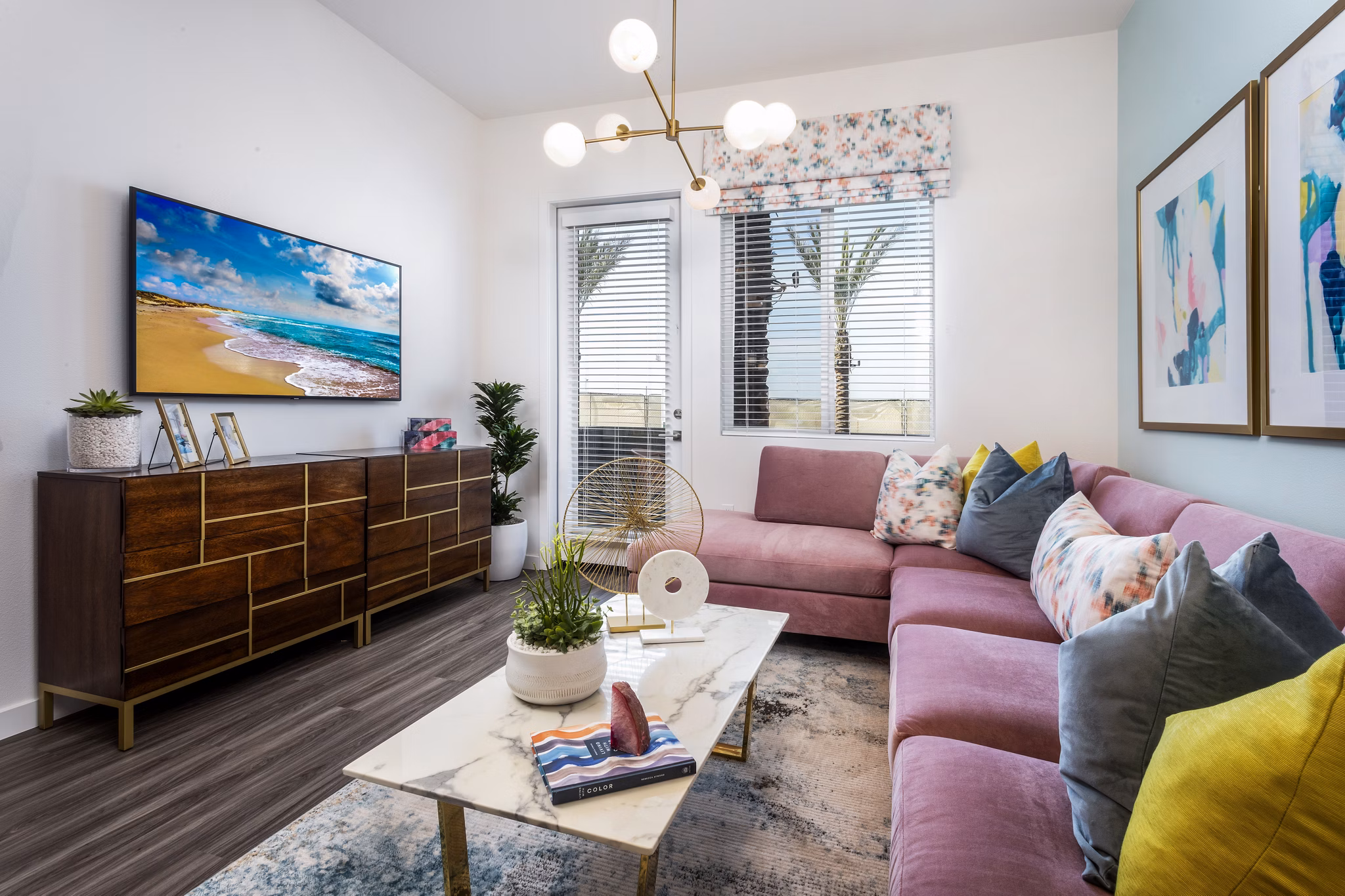 Modern living room with stylish furniture at Rivue Apartments in the Greystar luxury portfolio