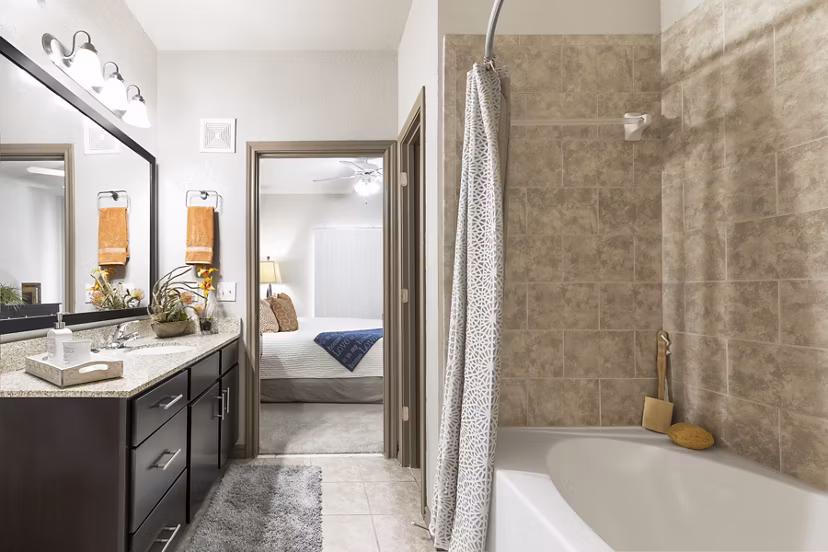 Modern bathroom with sleek fixtures at The Monterra Apartments, featuring luxury amenities for a comfortable living experience