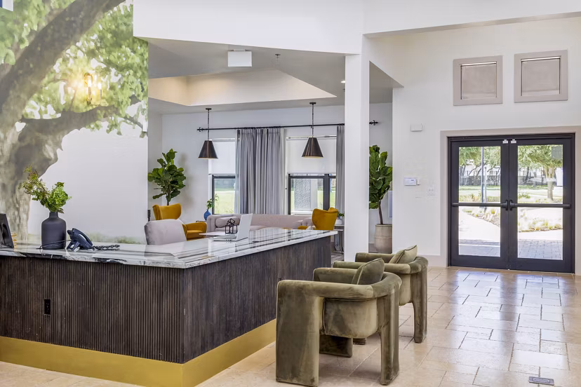 Clubhouse lobby with modern decor at The Monterra Apartments offering luxury living experience
