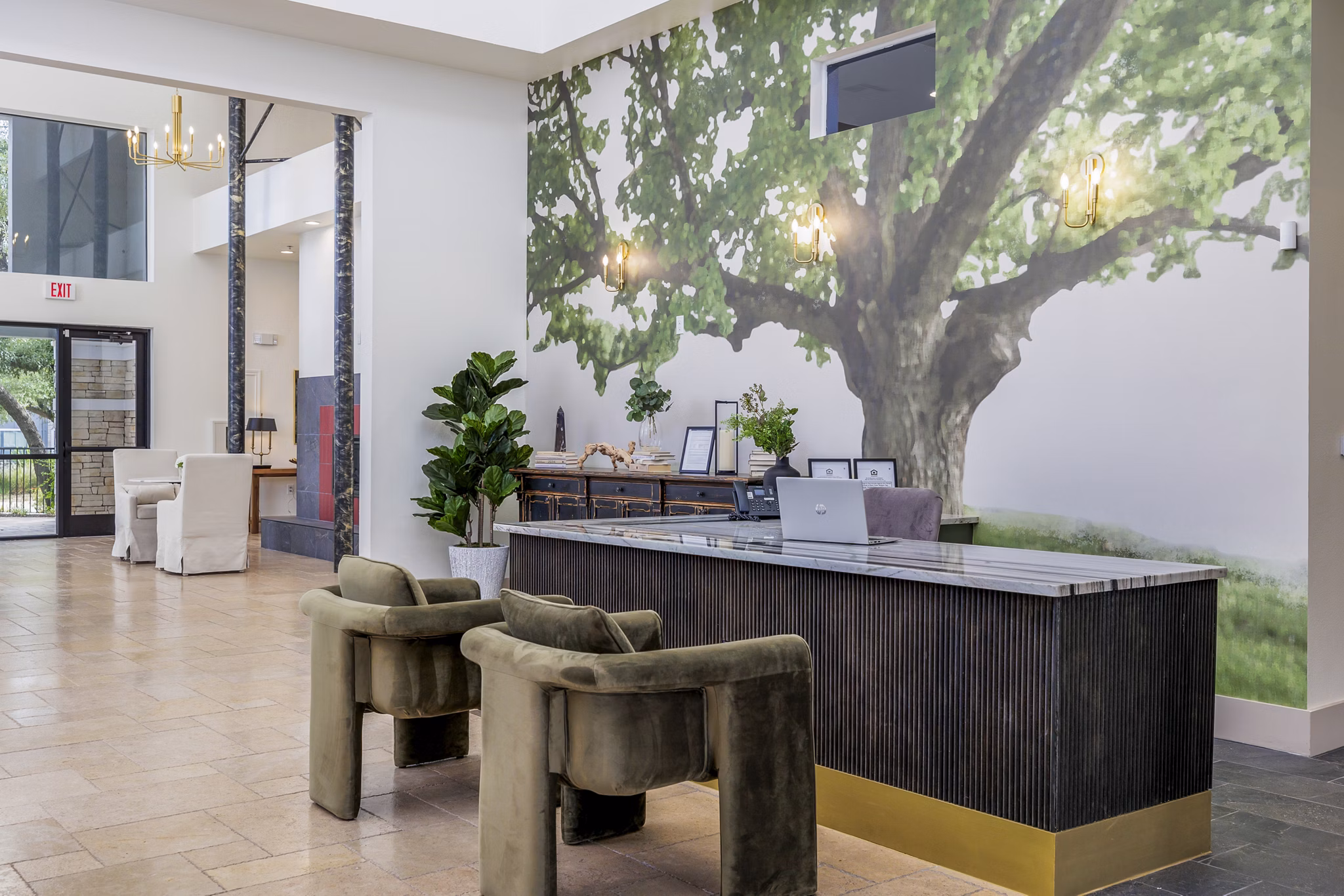 Luxury clubhouse lobby featuring modern decor and seating at The Monterra Apartments