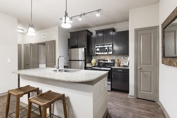 Modern kitchen with stainless steel appliances in The Monterra Apartments