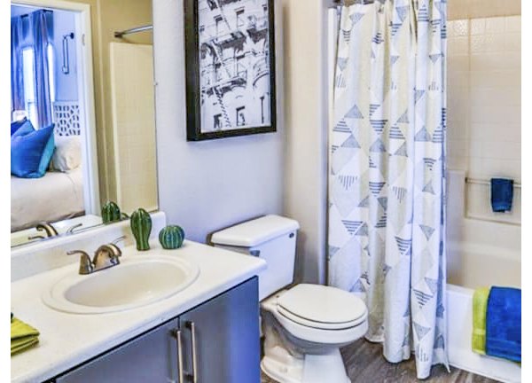 Spacious bathroom with modern fixtures at Solitude at Centennial Apartments