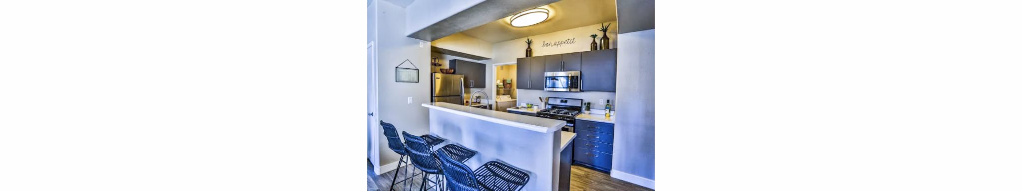 Modern kitchen with stainless steel appliances at Solitude at Centennial Apartments