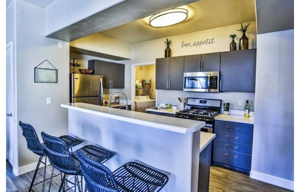 Modern kitchen with stainless steel appliances at Solitude at Centennial Apartments