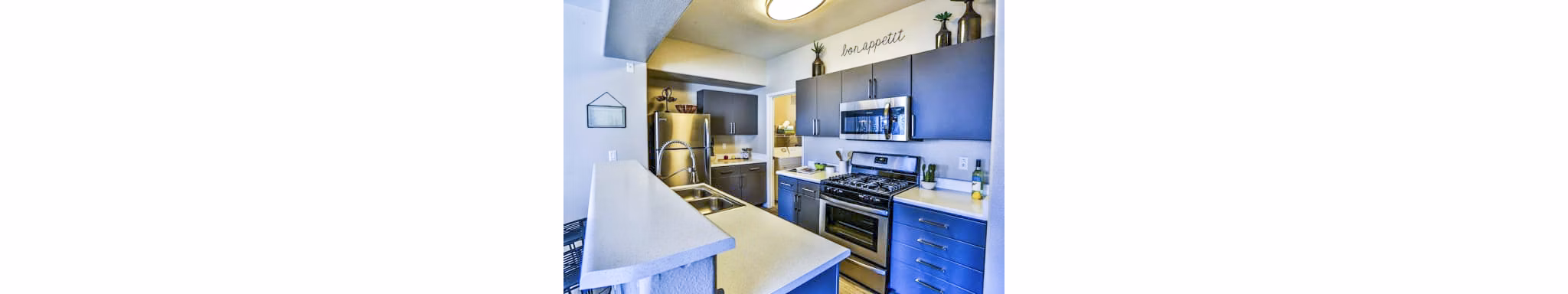 Modern kitchen with stainless steel appliances and granite countertops at Solitude at Centennial Apartments
