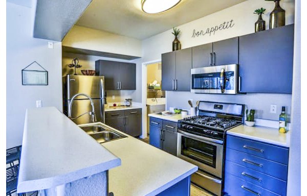 Modern kitchen with stainless steel appliances and granite countertops at Solitude at Centennial Apartments