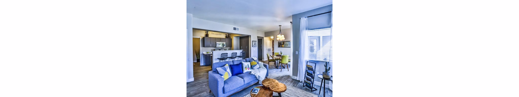 Spacious living room with modern decor and ample natural light in Solitude at Centennial Apartments