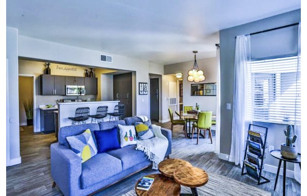 Spacious living room with modern decor and ample natural light in Solitude at Centennial Apartments