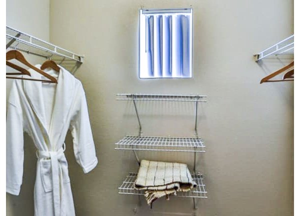 Spacious bedroom closet with built-in shelving at Solitude at Centennial Apartments