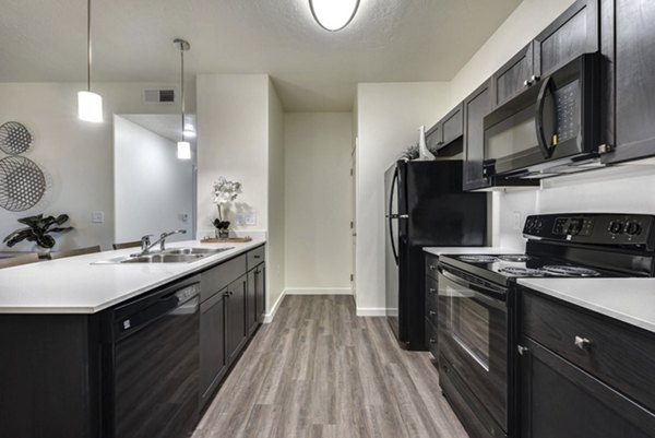 Kitchens with stainless steel appliances and marble countertops in Central Park Commons Apartments