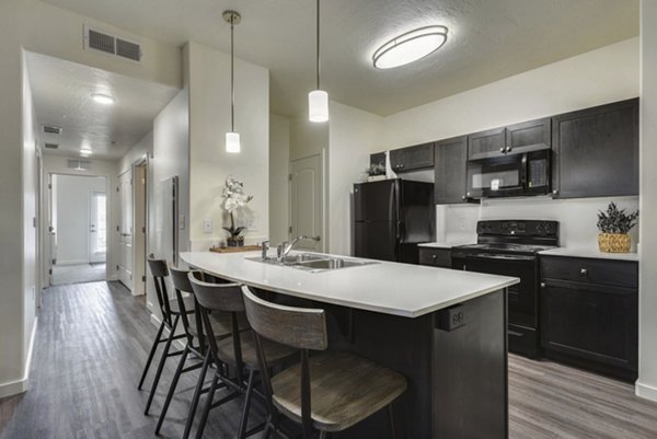 Modern kitchen with stainless steel appliances at Central Park Commons Apartments