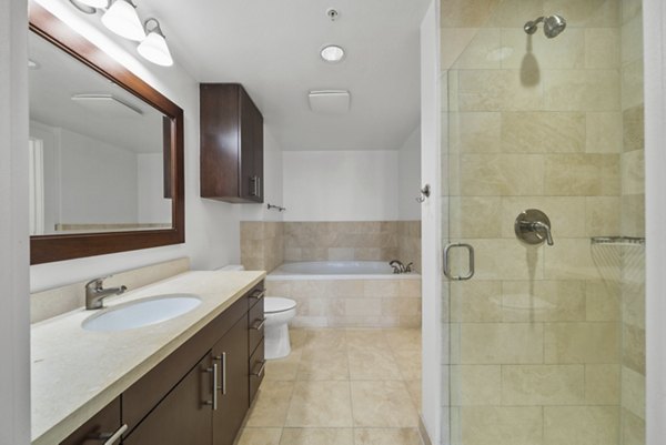 Elegant bathroom with modern fixtures at 717 Olympic Apartments in Seattle