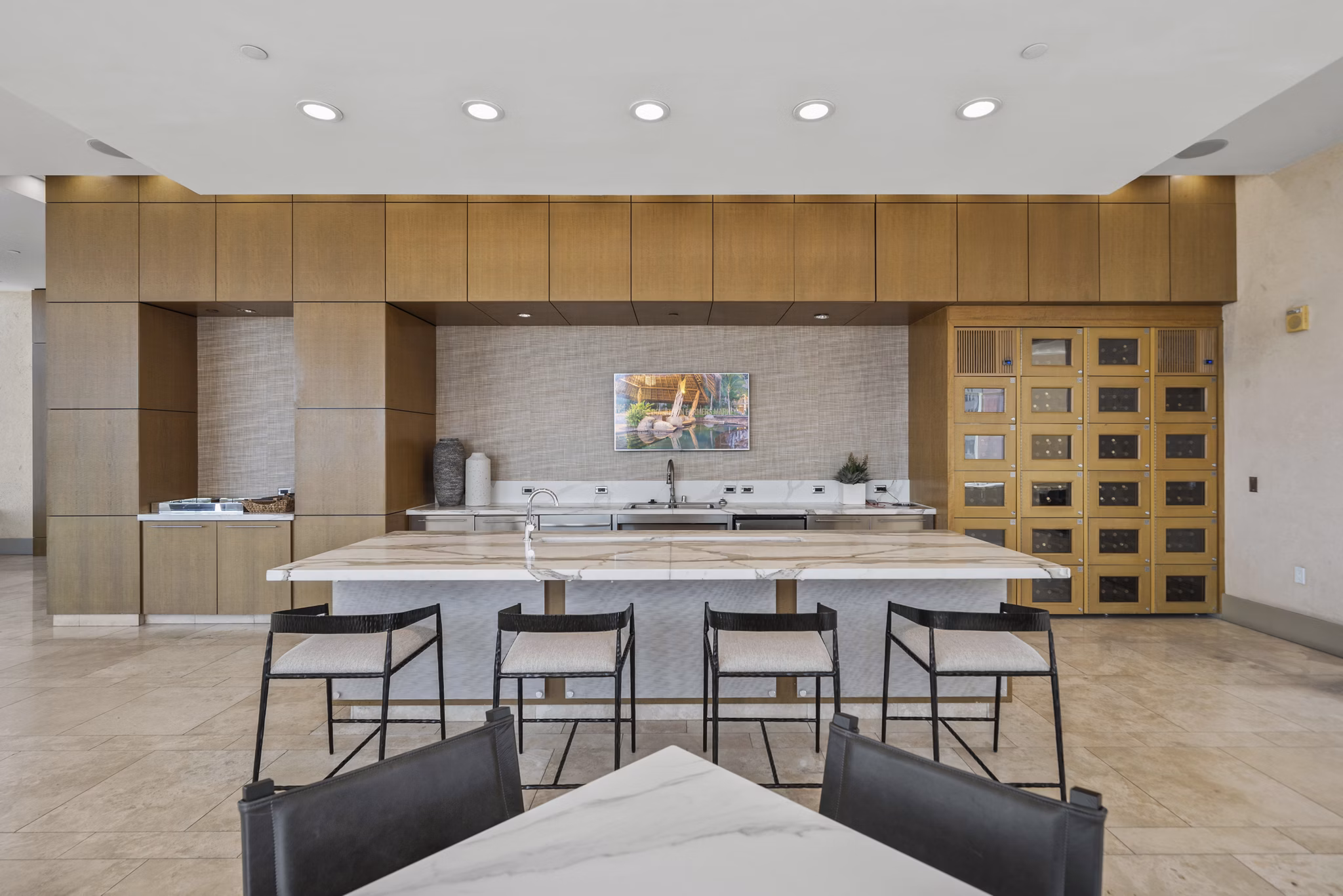 Clubhouse featuring modern seating and stylish decor at 717 Olympic Apartments in Los Angeles