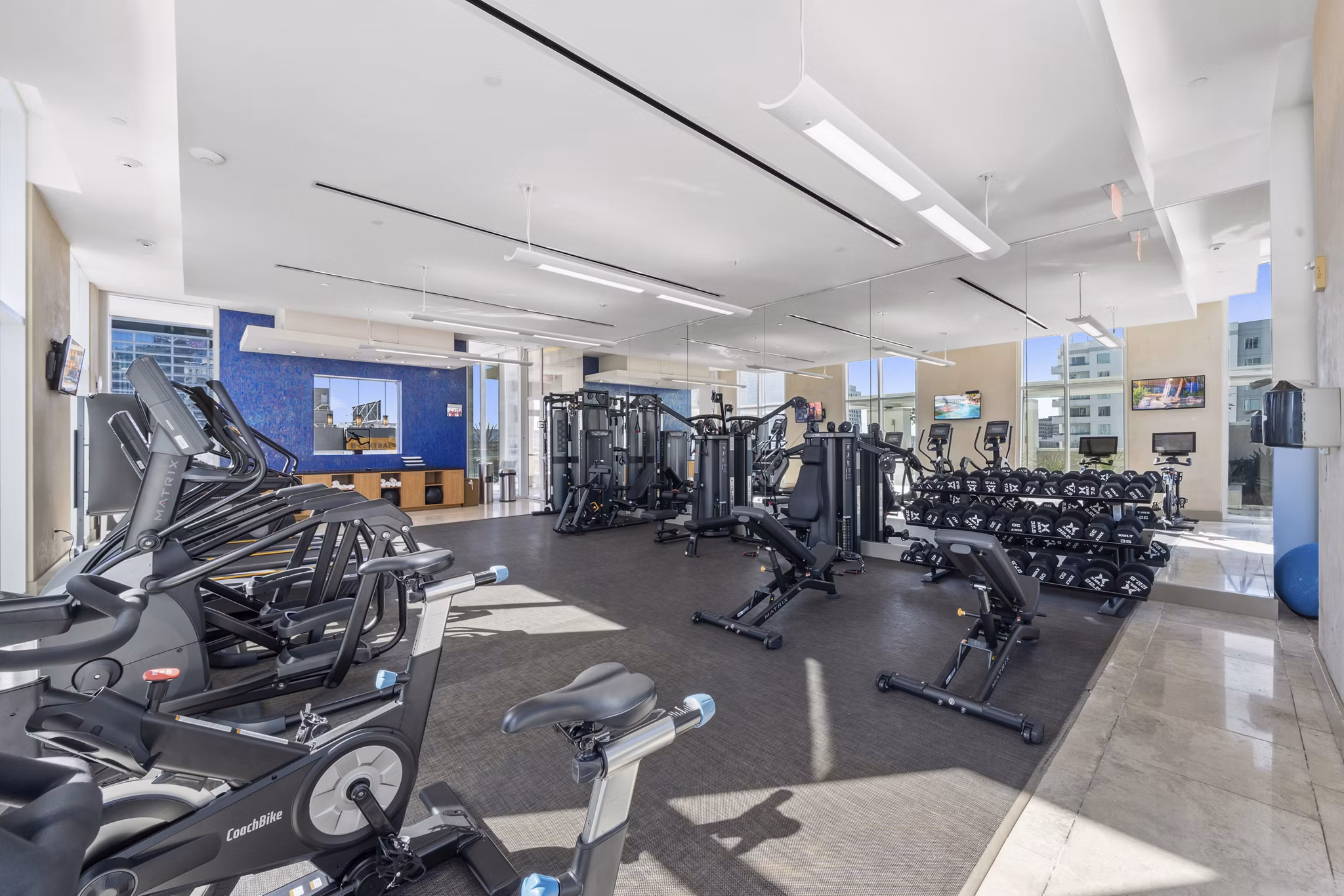 State-of-the-art fitness center with modern equipment at 717 Olympic Apartments