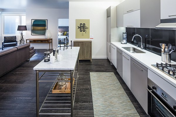 Modern kitchen with stainless steel appliances at Higby Apartments luxury homes in San Francisco