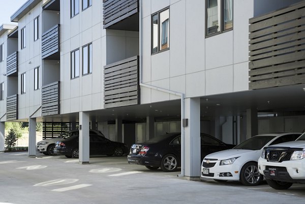 Spacious parking garage at Alexan Diagonal Crossing Apartments for resident convenience