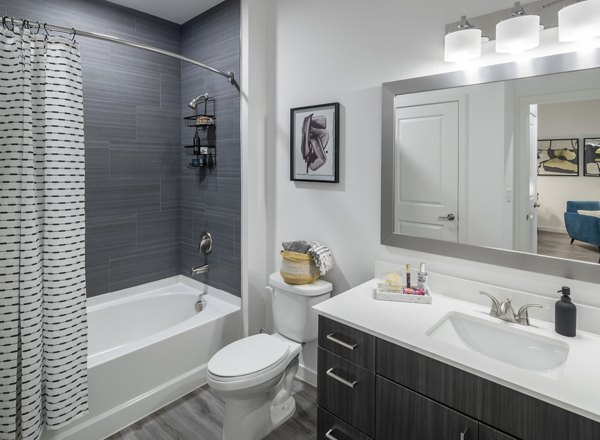 Luxurious bathroom featuring modern fixtures and elegant design at Alexan Diagonal Crossing Apartments