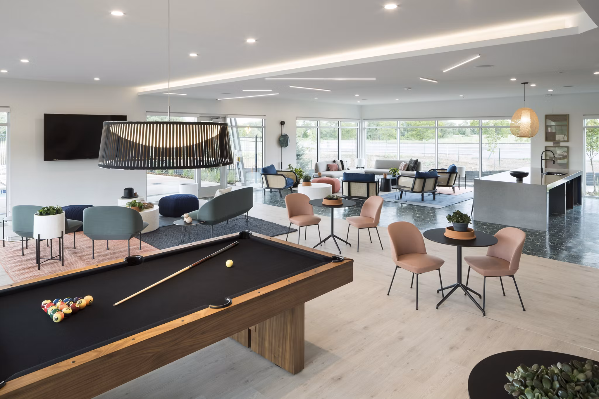 Clubhouse featuring modern design elements at Alexan Diagonal Crossing Apartments in Boulder