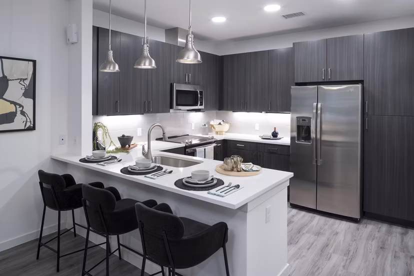 Modern kitchen featuring elegant countertops and stainless steel appliances at Alexan Diagonal Crossing Apartments