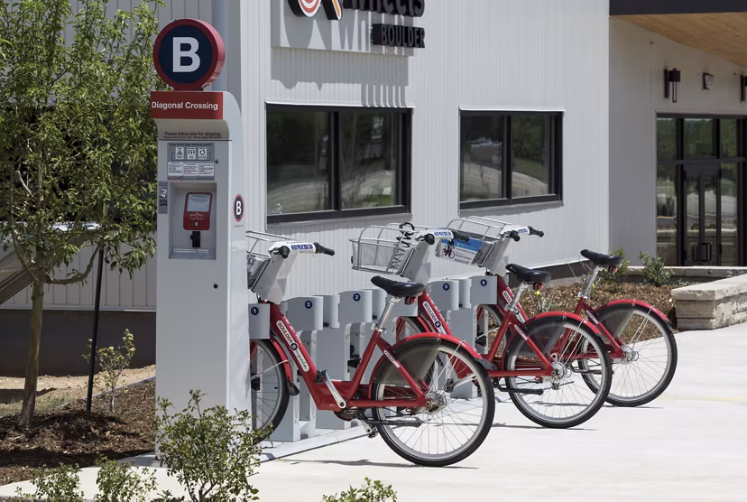Bike storage area at Alexan Diagonal Crossing Apartments featuring secure racks for residents