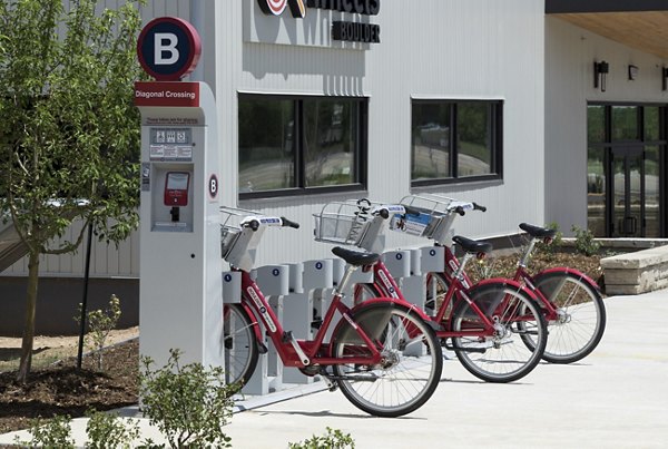 Bike storage area at Alexan Diagonal Crossing Apartments featuring secure racks for residents