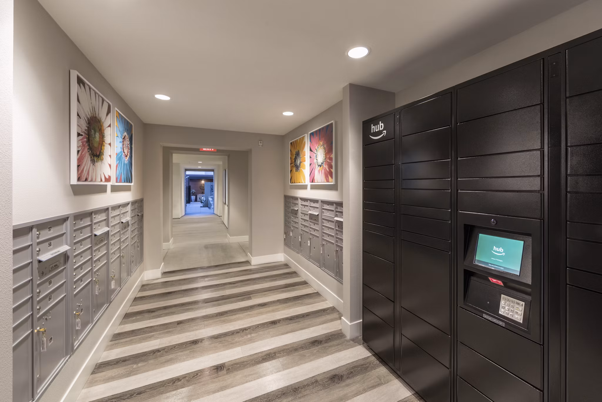Modern mail room with secure package lockers at Areum Apartments