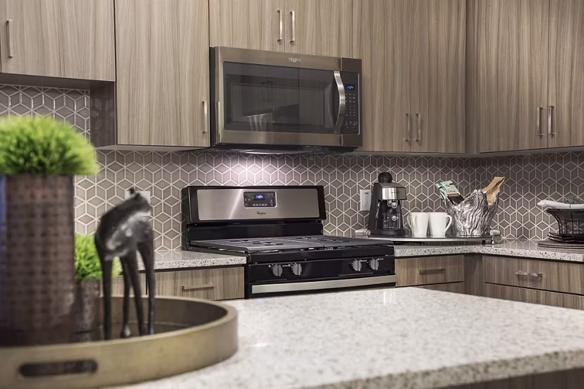 Modern kitchen with stainless steel appliances and granite countertops in Areum Apartments