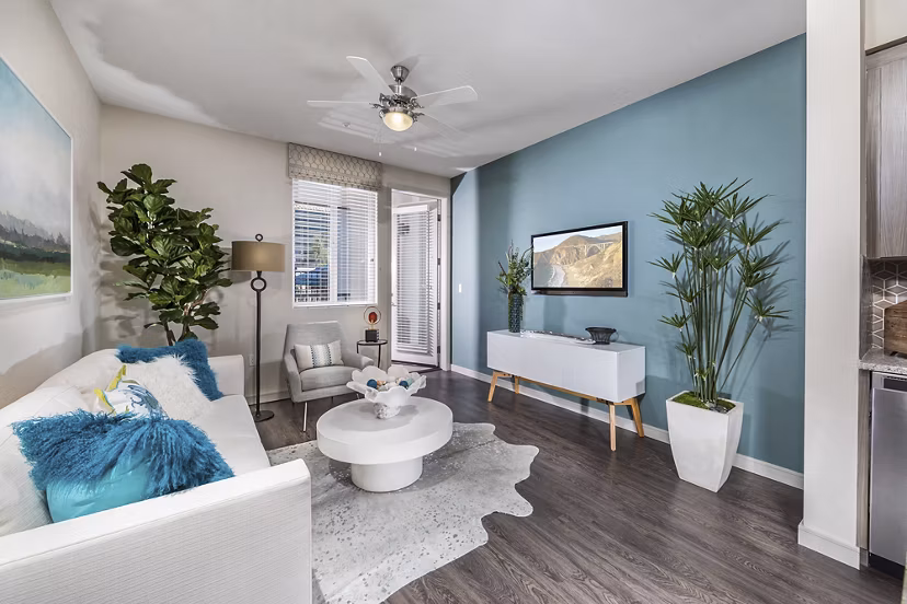 Spacious living room with modern decor at Areum Apartments, Greystar luxury apartments