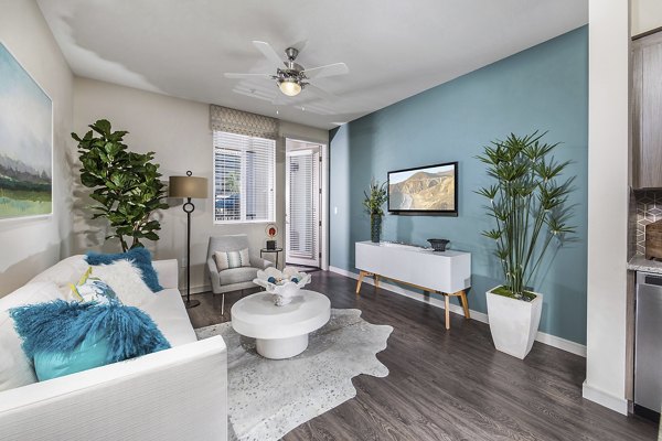 Spacious living room with modern decor at Areum Apartments, Greystar luxury apartments