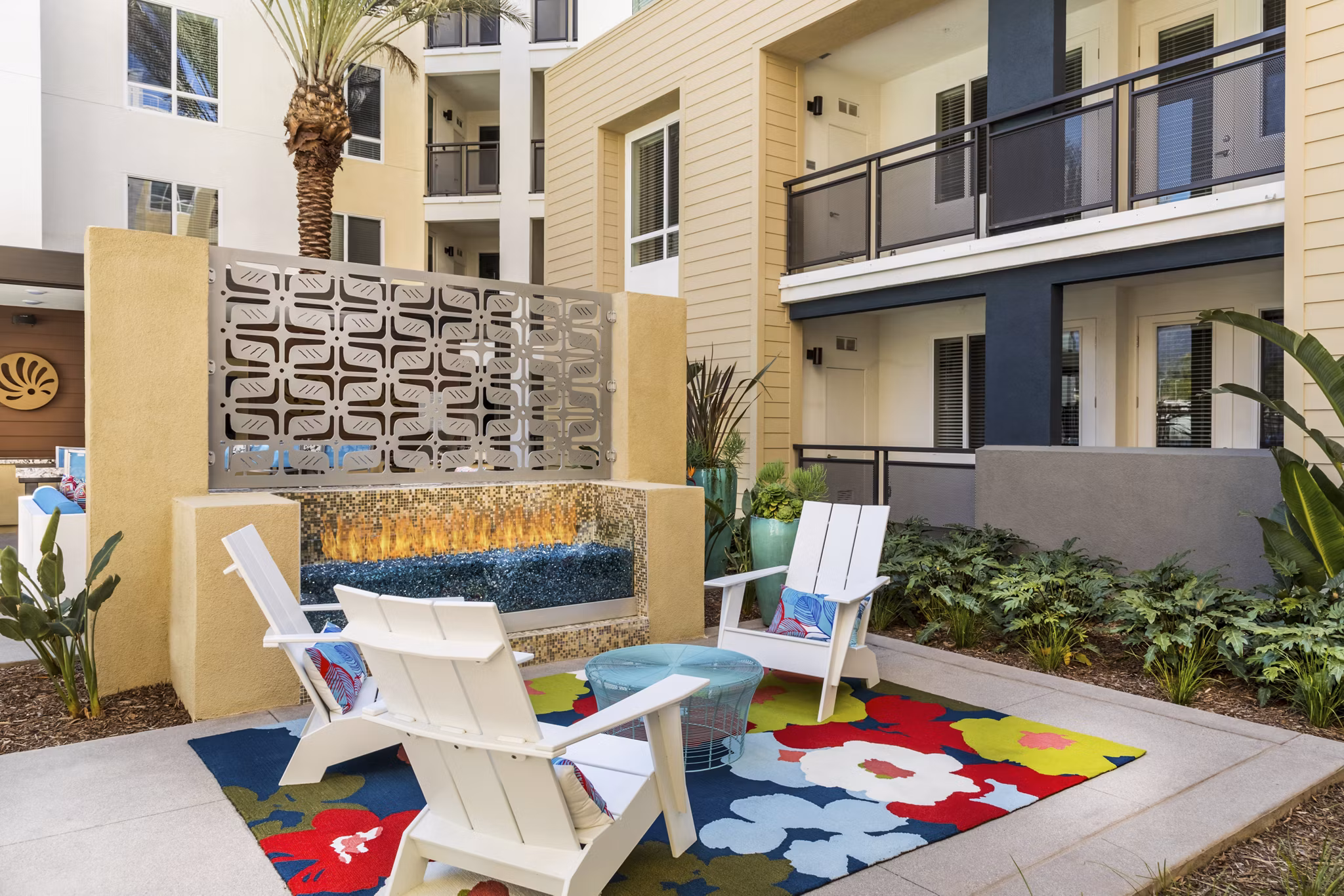 Relaxing fire pit area at Areum Apartments, a luxury Greystar community