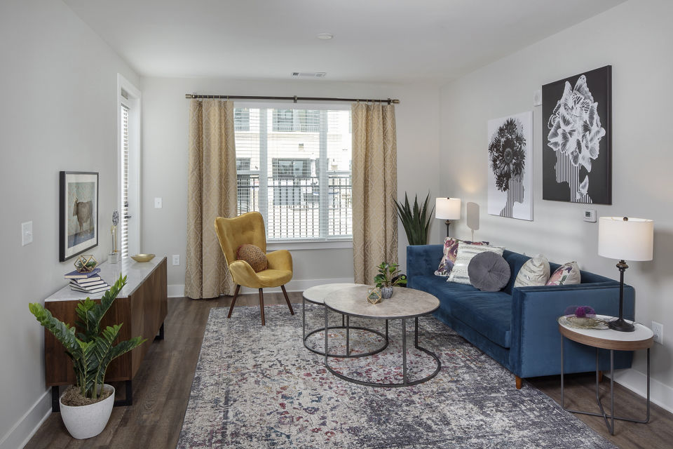 living room at Broadstone Queen City Apartments