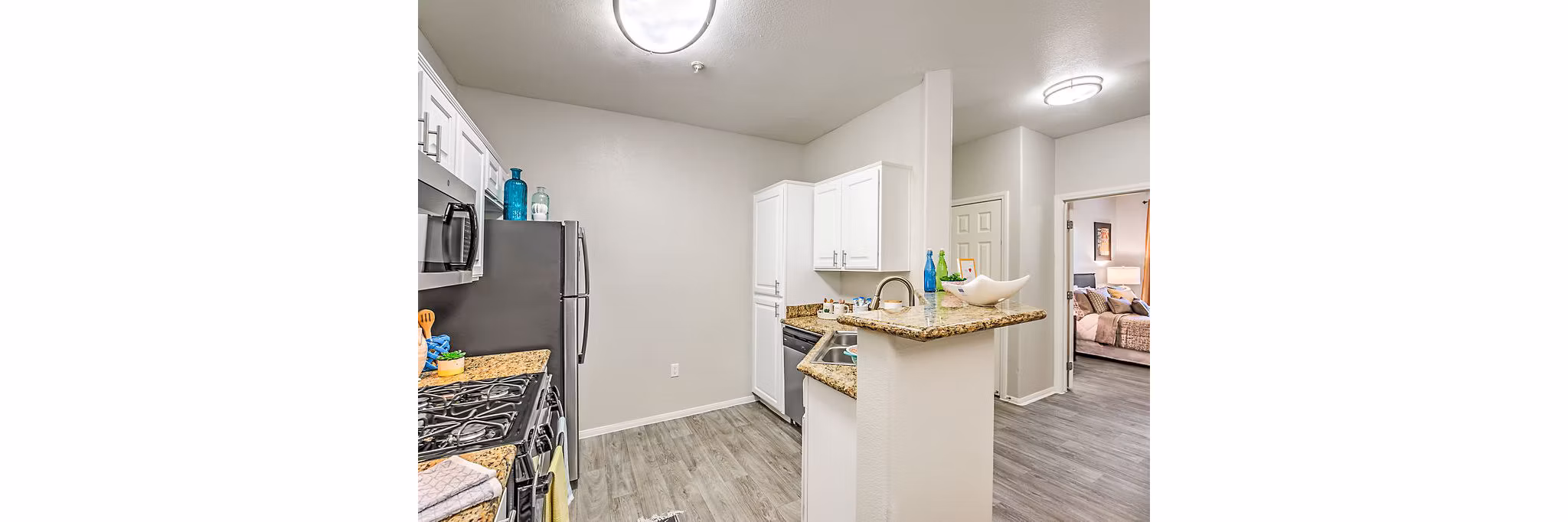 Modern kitchen with stainless steel appliances in Luminous Apartments, luxury living by Greystar