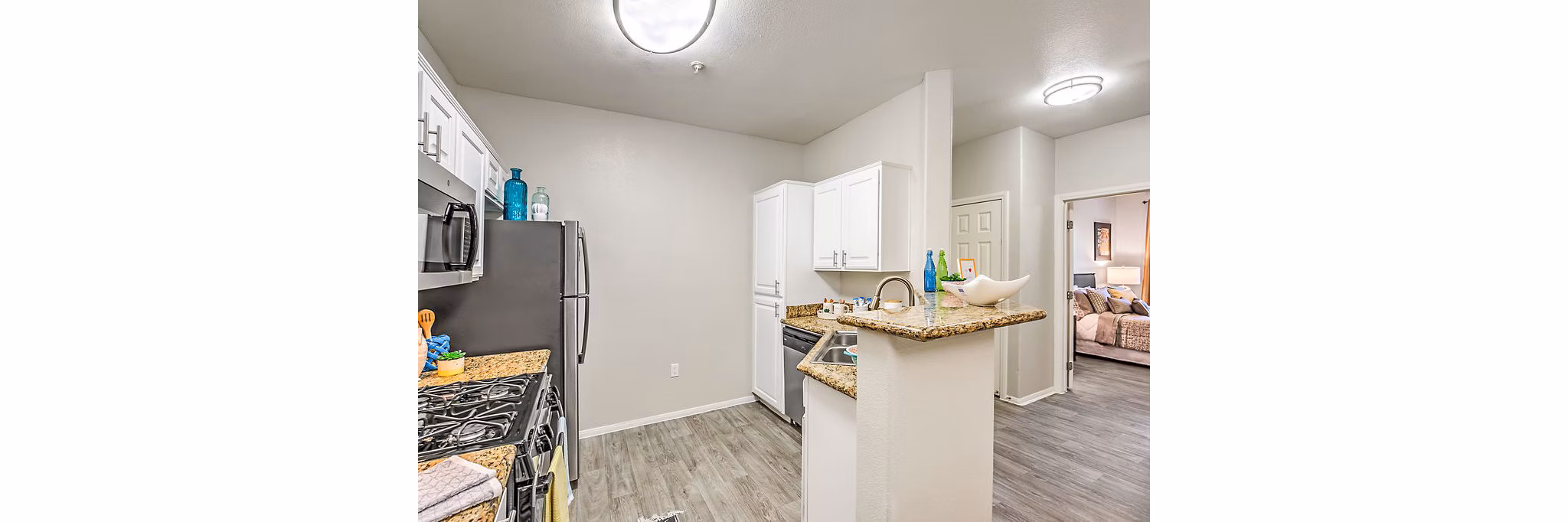 Modern kitchen with stainless steel appliances in Luminous Apartments, luxury living by Greystar