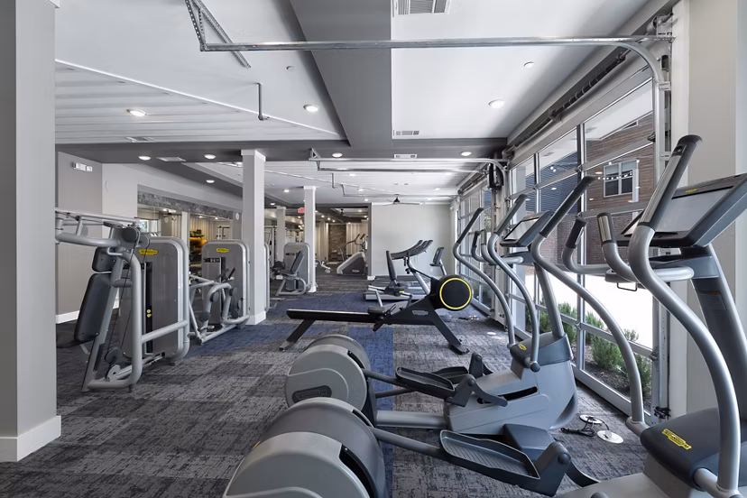Fitness center with state-of-the-art equipment at Atlas Waterside Apartments