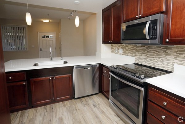 Tamarind Square: Modern kitchen with stainless steel appliances and granite countertops in Greystar luxury apartments