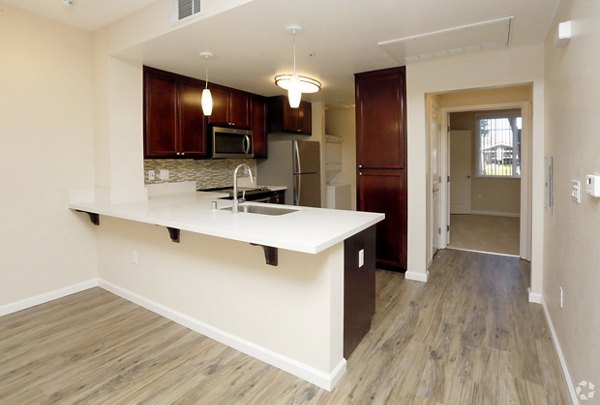 Modern kitchen with stainless appliances and granite countertops at Tamarind Square luxury apartments