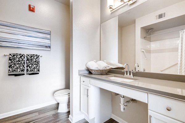 Modern bathroom with sleek fixtures and ample storage at Lowry Park Apartments