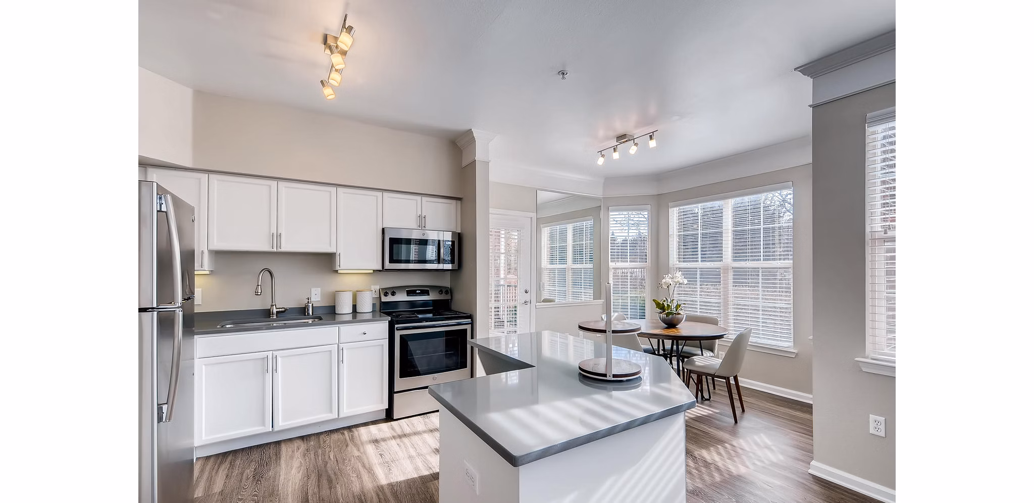 Sleek modern kitchen with stainless steel appliances at Lowry Park Apartments