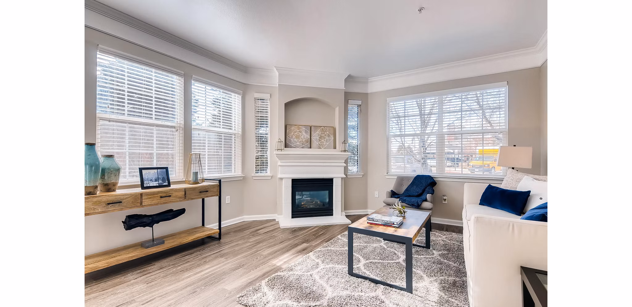 Spacious living room with modern decor at Lowry Park Apartments