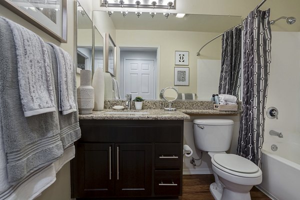 Bathroom featuring modern fixtures and marble accents in City Place Apartments, a Greystar luxury apartment community