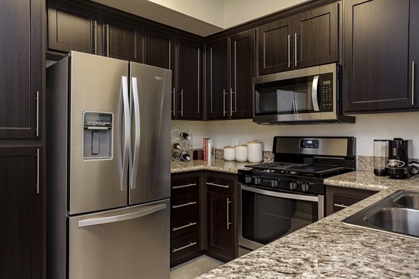 Modern kitchen with stainless steel appliances and granite countertops in City Place Apartments