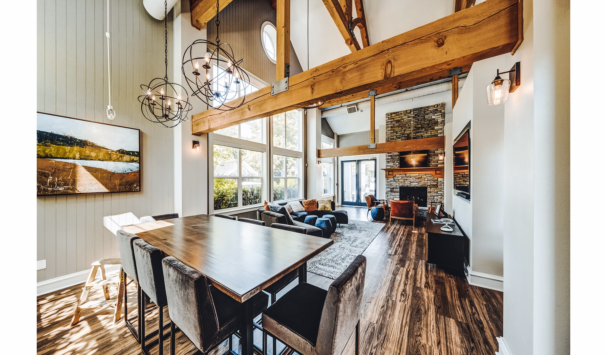 Elegant clubhouse and lobby at Bella Vista Apartments featuring modern decor and comfortable seating for residents and guests