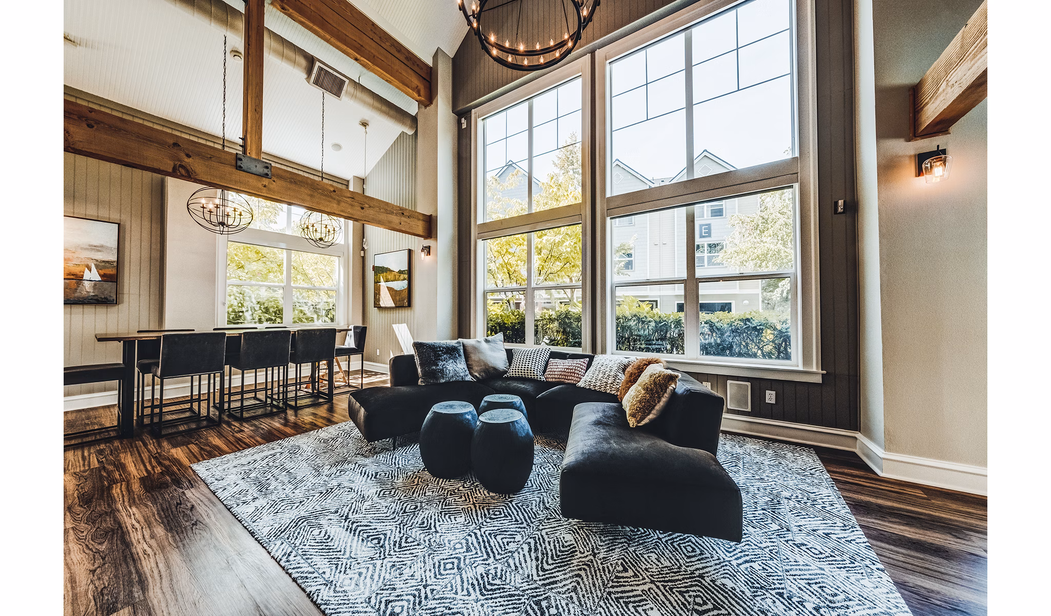 Clubhouse lobby with modern decor and seating area at Bella Vista Apartments, Greystar luxury living location