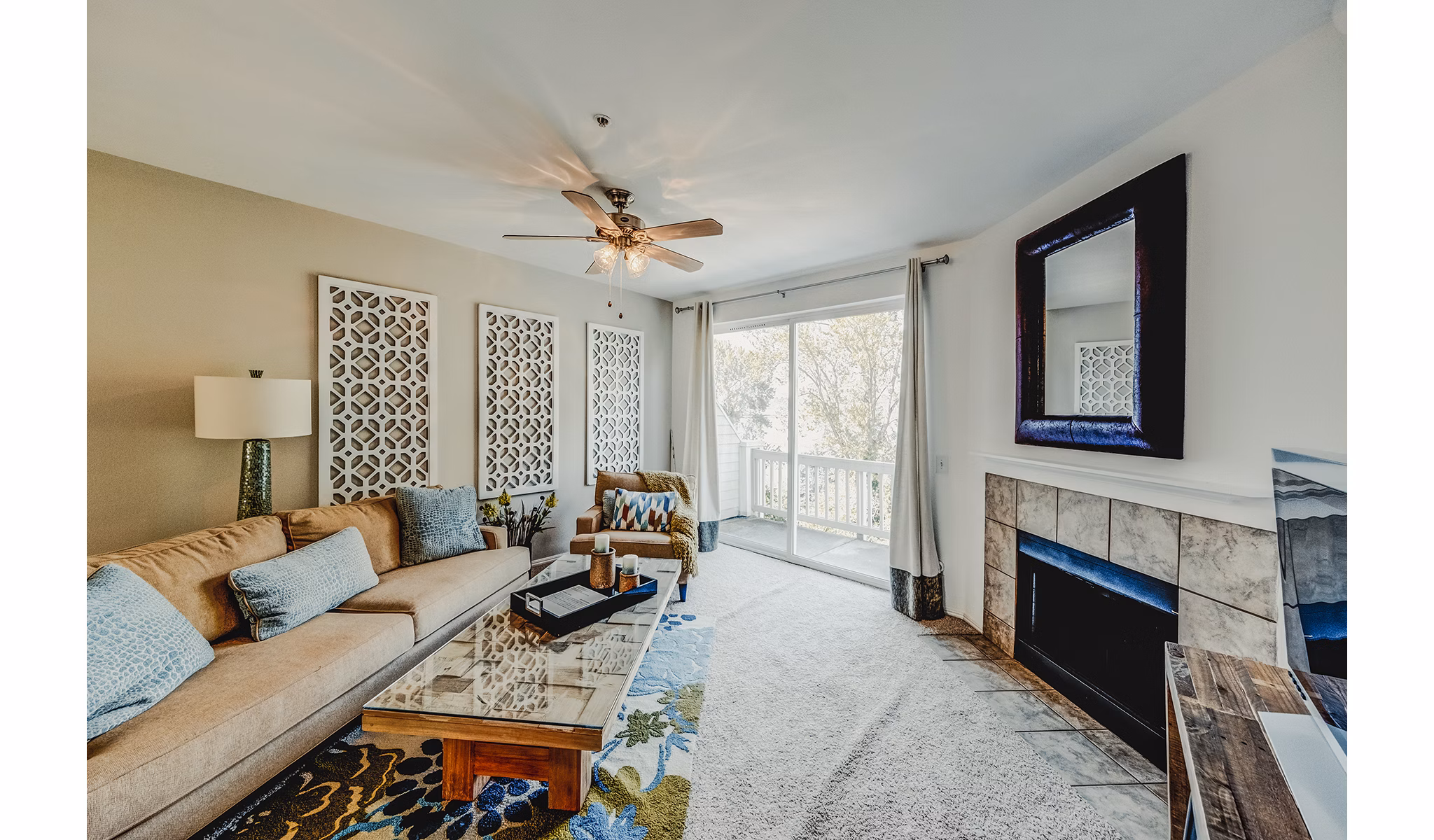 Spacious living room with modern decor at Bella Vista Apartments