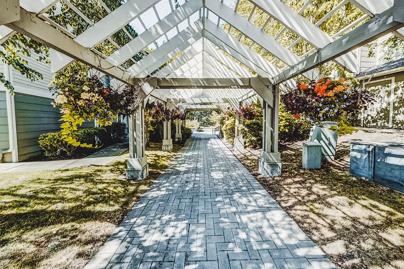Serene courtyard with lush landscaping at Bella Vista Apartments, a Greystar luxury community