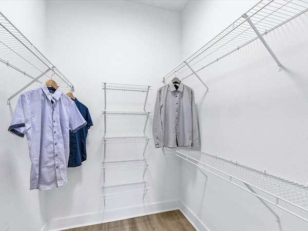 Spacious bedroom closet with built-in storage at Ambrose Apartments
